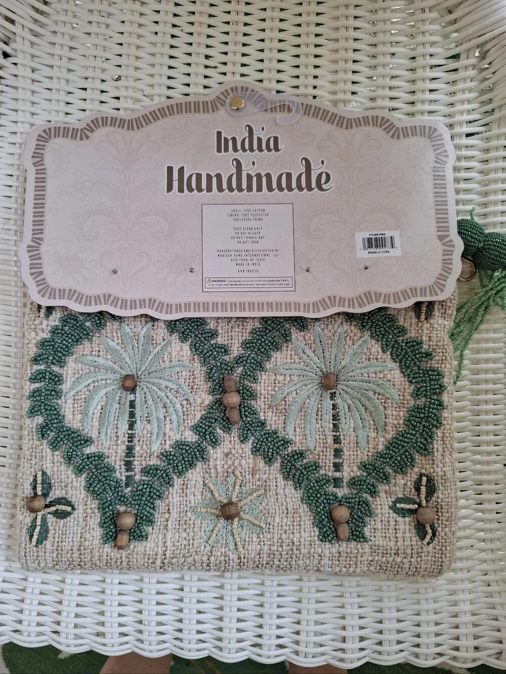 Handcrafted Beaded Green Palm Tree Coastal Medium Size Pouch NWT
